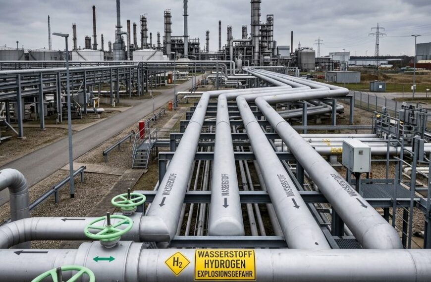 Wasserstoffleitungen auf einem Industriegelände: Stahlrohre mit grünen Ventilrädern vor einer Chemieanlage
