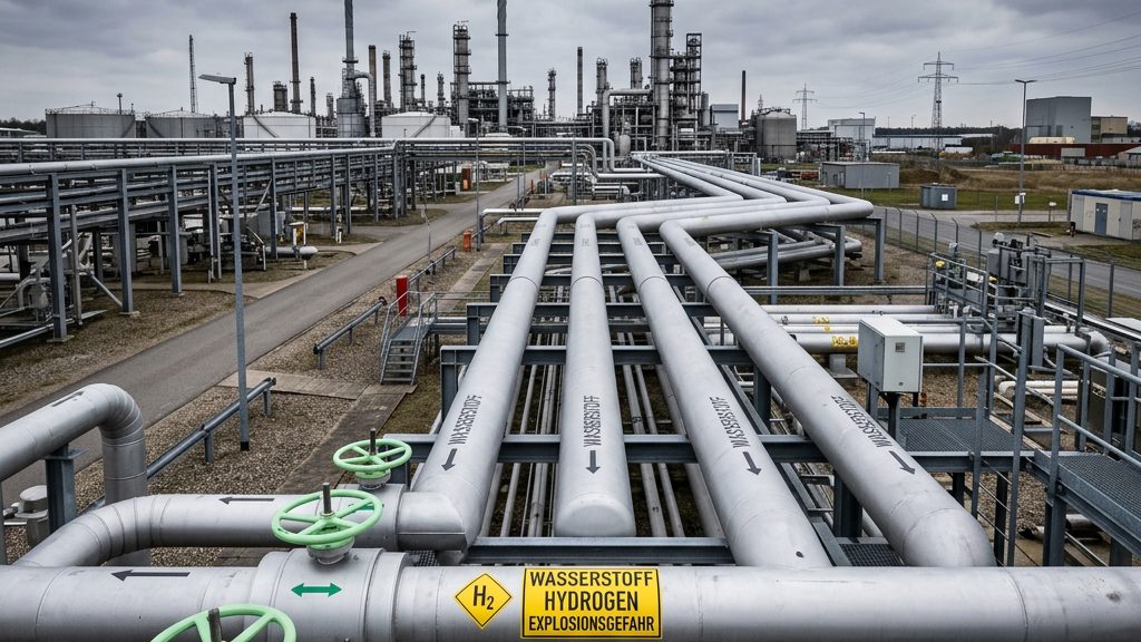 Wasserstoffleitungen auf einem Industriegelände: Stahlrohre mit grünen Ventilrädern vor einer Chemieanlage